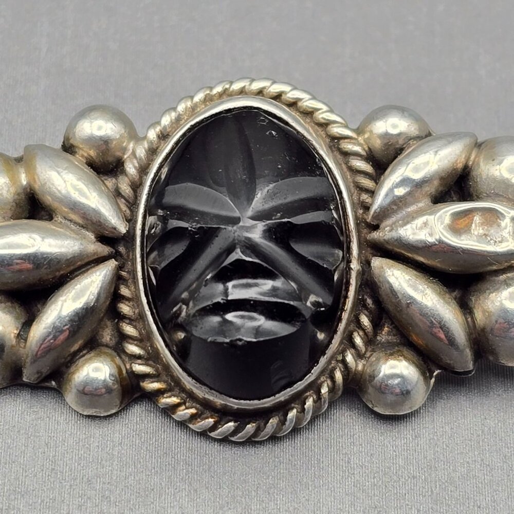 VTG Sterling Silver Black Onyx Brooch 2" Carved Face Mexico Tribal Style 7.65g - Picture 8 of 12